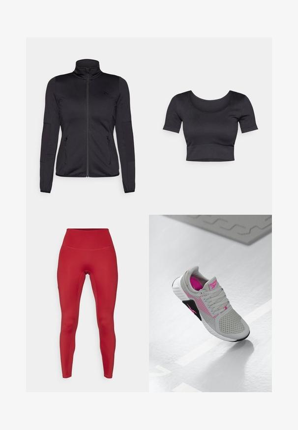 Black zip-up jacket with a high collar, constructed from smooth, stretchy fabric, featuring two zippered front pockets and textured sleeves.; Black ribbed cropped top with short sleeves, wide round neckline, and a fitted band at the bottom. Soft texture, casual design.; Red athletic leggings with a high waistband, smooth texture, and fitted design. Features flat seams for comfort and a streamlined appearance.; Gray and pink Reebok athletic sneaker with mesh upper and detailed sole, displayed on a reflective white surface.