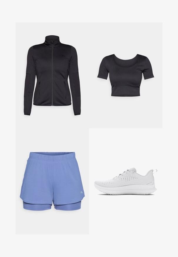 Chaqueta negra con cremallera y cuello alto, confeccionada en un tejido liso y elástico, que cuenta con dos bolsillos delanteros con cremallera y mangas con textura.; Top corto negro de canalé con mangas cortas, cuello redondo amplio y una banda ajustada en la parte inferior. Textura suave, diseño informal.; Pantalones cortos deportivos de color azul claro, hechos de una tela texturizada, que cuentan con una cinturilla elástica, forro interior y un logo sutil en el lateral.; Zapatillas deportivas de color gris claro con un upper texturizado, perforaciones para transpirabilidad y una suela de goma con un patrón de terreno distintivo.