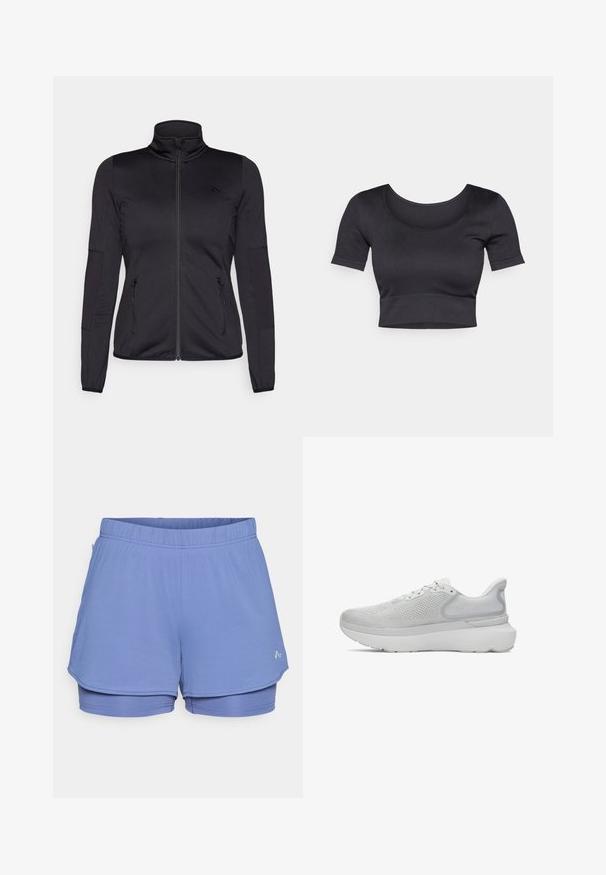 Melns zip-up jakas ar augstu apkakli, izgatavota no gludas, elastīgas auduma, ar divām kabatām priekšpusē ar rāvējslēdzējiem un teksturētām piedurknēm.; Melnas ribotas īsās piedurknes apgrieztais tops ar plašu apaļu dekoltē un pieguļošu joslu apakšā. Maiga tekstūra, ikdienišķs dizains.; Gaiši zili sporta šorti, izgatavoti no teksturēta auduma, ar elastīgu jostasvīti, iekšējo oderi un smalku logotipu sānos.; Gaišpelēka sporta apava ar elpojošu acs augšdaļu, noapaļotu purngalu, mīkstu zoli un diskrētu zīmolu uz papēža.