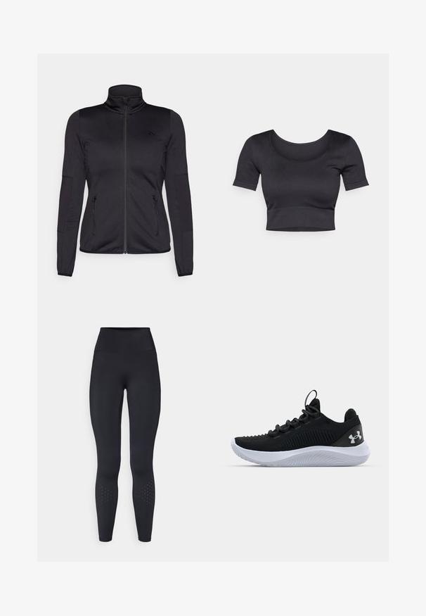 Chaqueta negra con cremallera y cuello alto, confeccionada en un tejido liso y elástico, que cuenta con dos bolsillos delanteros con cremallera y mangas con textura.; Top corto negro de canalé con mangas cortas, cuello redondo amplio y una banda ajustada en la parte inferior. Textura suave, diseño informal.; Leggings negros de cintura alta hechos de un material elástico, con una textura suave y acentos de diseño perforado cerca de los tobillos.; Zapatillas deportivas negras con una parte superior de malla transpirable, detalles texturizados y una suela de goma blanca. Presentan cordones planos y una lengüeta en el talón.