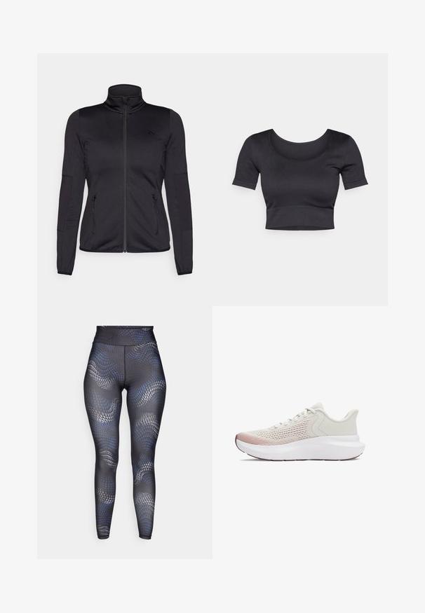 Musta vetoketjullu takki korkealla kauluksella, valmistettu sileästä ja joustavasta kankaasta, jossa on kaksi vetoketjullista etutaskua ja teksturoituja hihoja.; Mustan ribattu lyhythihainen crop-top, jossa on leveä pyöreä pääntie ja tiukka vyötäröosa. Pehmeä rakenne, rento suunnittelu.; Mustat leggingsit, joissa on aaltoileva sininen ja harmaa kuvio, korkea vyötärö, sileä pinta ja tiukka muotoilu, joka on suunniteltu aktiiviseen käyttöön.; Kevyet urheilujalkineet, joissa on hengittävä valkoinen verkko-osa, graadit pinkkejä yksityiskohtia ja paksu valkoinen pohja, jossa on teksturoitua yksityiskohtaa.