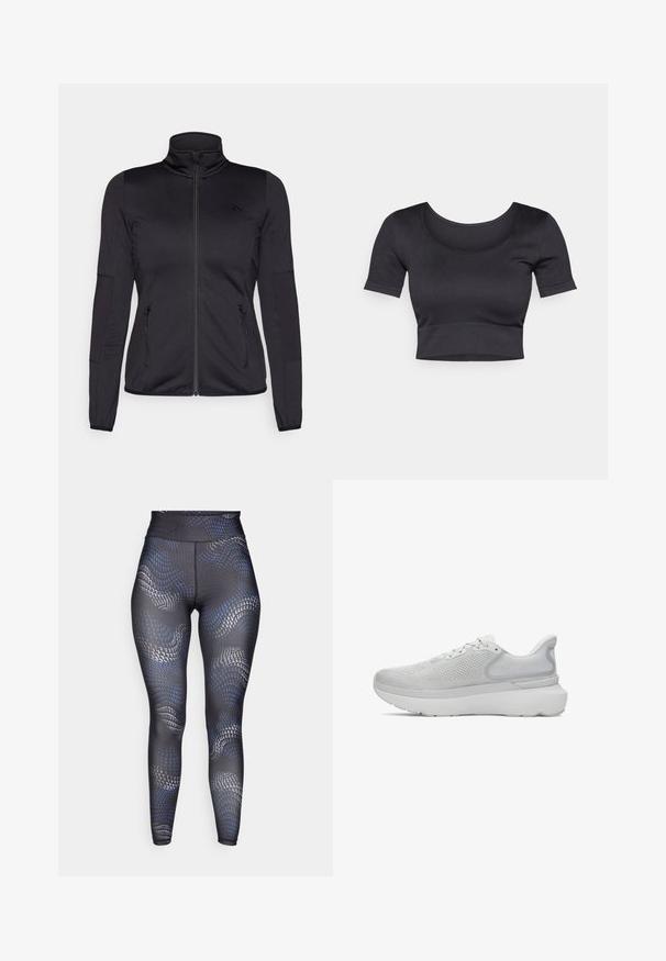 Čierna zipsová bunda s vysokým golierom, vyrobená z hladkého, elastického materiálu, so zipsovými prednými vreckami a štruktúrovanými rukávmi.; Čierny rebrovaný krátky top s krátkymi rukávmi, širokým okrúhlym výstrihom a fitted pásom na dne. Mäkká textúra, ležérny dizajn.; Čierne legíny s vlnitým modro-sivým vzorom, vysokým pásom, hladkou textúrou a priliehavým strihom navrhnuté na aktívne nosenie.; Svetlosivé atletické topánky s priedušným sieťovinovým zvrškom, zaoblenou špičkou, polstrovanou podrážkou a decentným logom na päte.