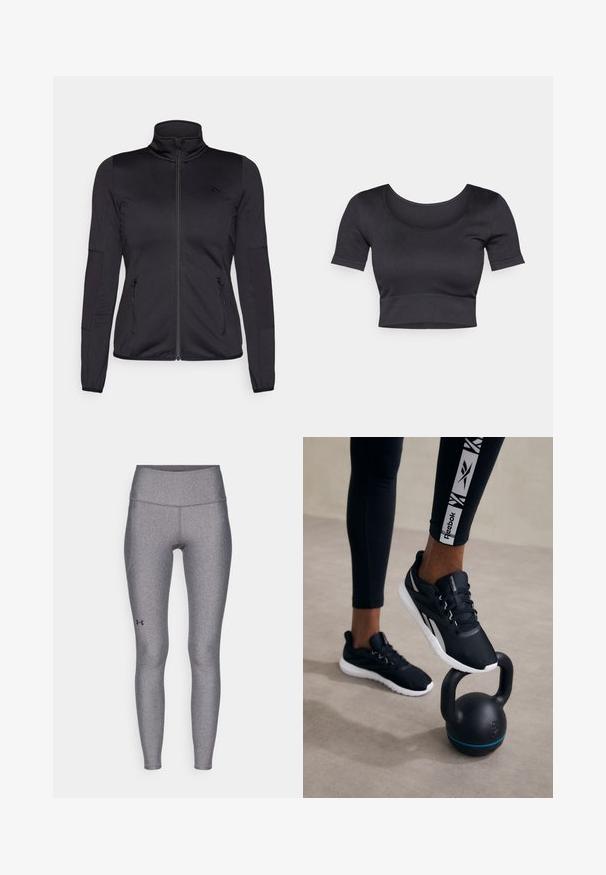 Must ehk üles tõmmatav jakk, millel on kõrge krae, valmistatud siledast ja venivast kangast, millel on kaks lukuga esikotid ja tekstureeritud varrukad.; Must have rõngaste ja lühikeste varrukatega must ribakujundusega topsi, millel on lai ümar dekoltee ja madal vöökoht. Pehme tekstuur, juhuslik disain.; Hallide halli treeningleggingud, millel on kõrge vöökoht, sile tekstuur ja õrn läikeefekt, ning väike must logo alumisel säärel.; Mustad sportjalatsid, millel on tekstuuriga pealne, valge talla ja hallid detailid, asetsevad musta kettlebelli peal, millel on sinine triip, neutraalses taustas.
