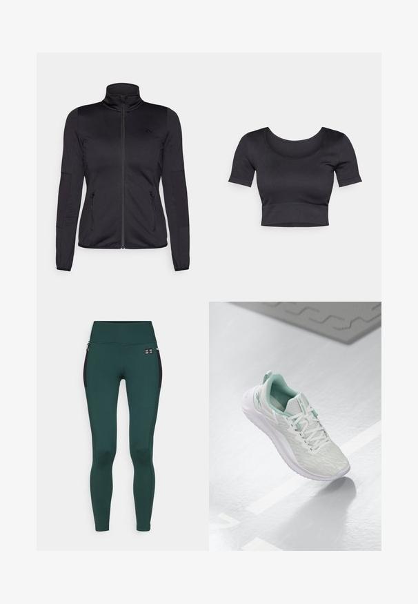 Fekete cipzáras dzseki magas gallérral, sima, rugalmas anyagból készült, elöl két cipzáras zsebbel és texturált ujakkal.; Fekete bordás, rövid ujjú cropped top, széles, kerek nyakkivágással és illeszkedő pánttal az alján. Puha textúra, laza dizájn.; ONLY Play ONPRYA-2-STONE LIFE WARM - Leggingek - scarab; Világosszürke sportcipő, texturált kötött felső réteggel, menta zöld kiegészítőkkel, fehér fűzőkkel, gumitalppal és húzófüllel a saroknál.