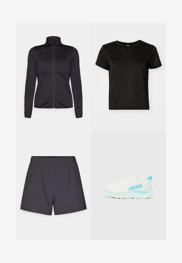Črna jakna na zadrgo z visokim ovratnikom, izdelana iz gladkega, raztegljivega materiala, z dvema sprednjima žepoma na zadrgo in teksturiranimi rokavi.; Črna kratka majica s kratkimi rokavi, izdelana iz gladkega materiala, z okroglim izrezom in sproščenim krojem. Vključuje minimalne oblikovalske podrobnosti.; Črne športne kratke hlače iz lahkega, elastičnega materiala. Imajo elastičen pas in preprost, brez okrasja oblikovanje.; Bele športne copate bele barve z svetlo modrimi detajli; mrežast zgornji del, oblazinjen ovratnik, debel srednji podplat in strukturiran podplat za oprijem. Prikazan logo HOKA.