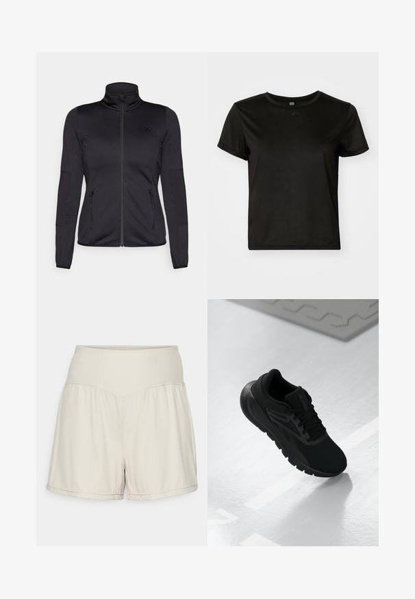 Melns zip-up jakas ar augstu apkakli, izgatavota no gludas, elastīgas auduma, ar divām kabatām priekšpusē ar rāvējslēdzējiem un teksturētām piedurknēm.; Melna īsām piedurknēm T-krekls, izgatavots no gludas auduma, ar apaļu kakla izgriezumu un brīvu piegriezumu. Iekļauj minimālas dizaina detaļas.; Gaiši bež šorti ar teksturētu ribinātu jostasvietu, plūstošu dizainu un brīvu piegriezumu. Iespējas iekļauj izšūtas apakšmalas un sānu izgriezumus brīvākai kustībai.; Melna sporta apava, kas veidota ar sietu augšdaļu, apaļu pirkstu daļu, mīkstu zoli un teksturētām akcentiem, novietota uz gludas baltas virsmas.