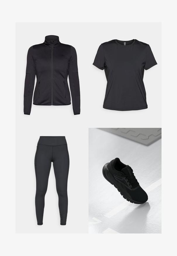 Veste noire zippée avec un col haut, fabriquée à partir d'un tissu lisse et extensible, dotée de deux poches avant zippées et de manches texturées.; T-shirt noir à manches courtes en tissu lisse et léger, avec un encolure ronde et une coupe décontractée. Construction sans coutures pour le confort.; Leggings noirs en matière extensible, dotés d'une taille haute, d'un design élégant et de détails rayés près de la cheville.; Chaussure de sport noire avec une tige en mesh, bout rond, semelle rembourrée et accents texturés, posée sur une surface blanche lisse.