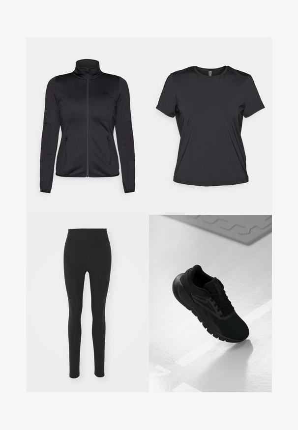 Veste noire zippée avec un col haut, fabriquée à partir d'un tissu lisse et extensible, dotée de deux poches avant zippées et de manches texturées.; T-shirt noir à manches courtes en tissu lisse et léger, avec un encolure ronde et une coupe décontractée. Construction sans coutures pour le confort.; Leggings noires taille haute en matériau extensible, avec une texture lisse et un design ajusté, s'étendant jusqu'à la cheville sans motifs.; Chaussure de sport noire avec une tige en mesh, bout rond, semelle rembourrée et accents texturés, posée sur une surface blanche lisse.