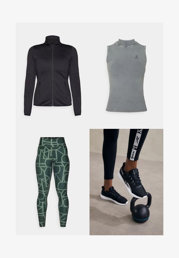 Černá bunda na zip s vysokým límcem, vyrobená z hladkého, elastického materiálu, se dvěma předními kapsami na zip a texturovanými rukávy.; Šedý žebrovaný tílko s vysokým výstřihem a bezrukávovým designem. Obsahuje malé výšivkové logo na hrudi a těsně přiléhající siluetu.; Zelené legíny s vysokým pasem, které mají geometrický vzor v tlumených tónech. Vyrobené z elastické, hladké látky s přiléhavým střihem.; Černé sportovní boty s texturovaným svrškem, bílou podrážkou a šedými akcenty, umístěné na černém kettlebellu s modrým pruhem, na neutrálním pozadí.