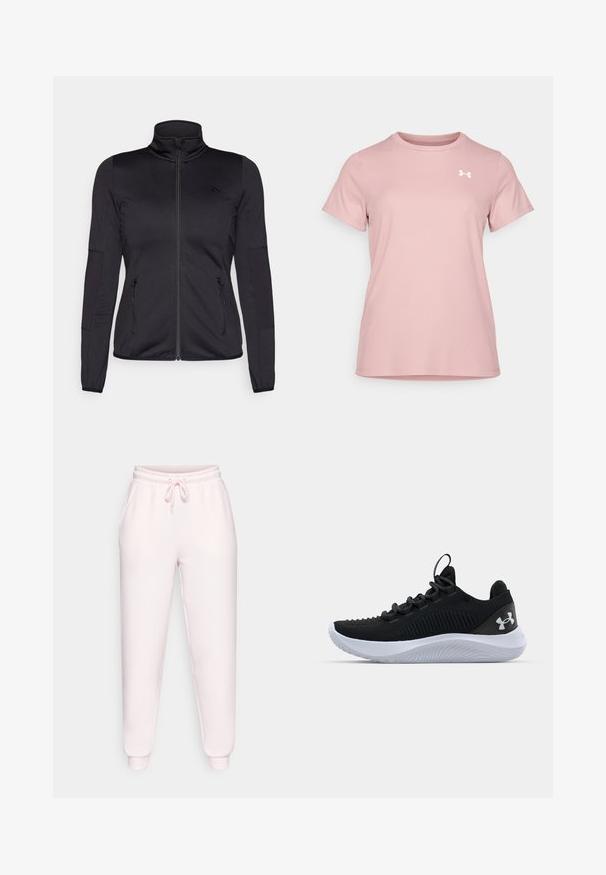 Jaqueta preta com fecho éclair e gola alta, feita de um tecido liso e elástico, apresentando dois bolsos frontais com fecho éclair e mangas texturizadas.; Under Armour T-shirt desportiva - tourmaline pink/white; Calças de moletom rosa claro feitas de um tecido suave, com um cós elástico e cordão, bolsos laterais e punhos nas pernas.; Sapatos desportivos pretos com um upper em malha respirável, detalhes texturizados e uma sola de borracha branca. Apresenta atacadores planos e uma alça no calcanhar.