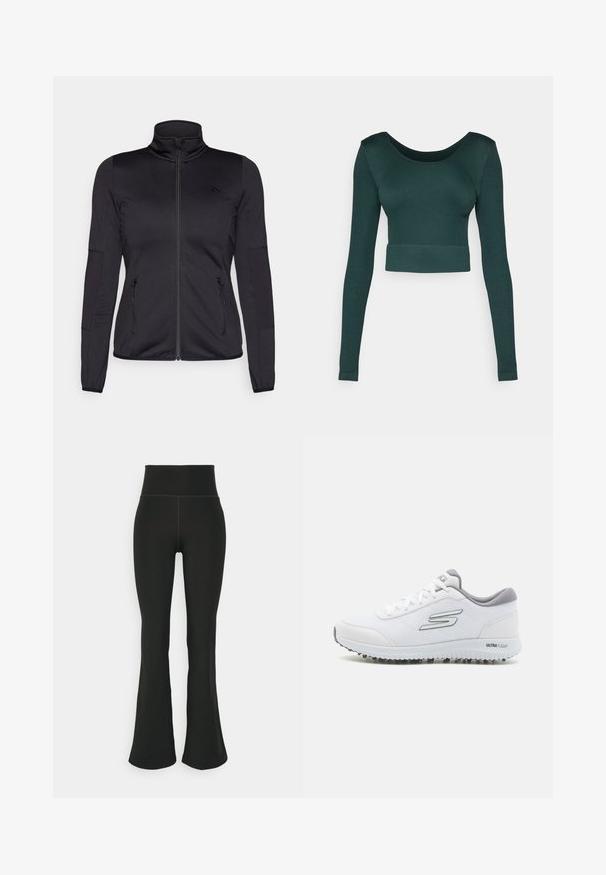Svart zip-up jacka med hög krage, tillverkad av mjukt, stretchigt tyg, med två fickor framtill som stängs med dragkedja och texturerade ärmar.; Mörkgrön, kortärmad långärmad topp i ribbad textur med vid halsringning och figurnära nederkant. Inga mönster eller dekorationer finns.; Svarta utsvängda leggings med hög midja, tillverkade av elastiskt material. Slät textur med minimala sömnadsdetaljer.; Vita idrottsskor med en strukturerad mesh-ovandel, silverdetaljer och en lätt sula med små greppknoppar, märkta "ULTRA FLIGHT."