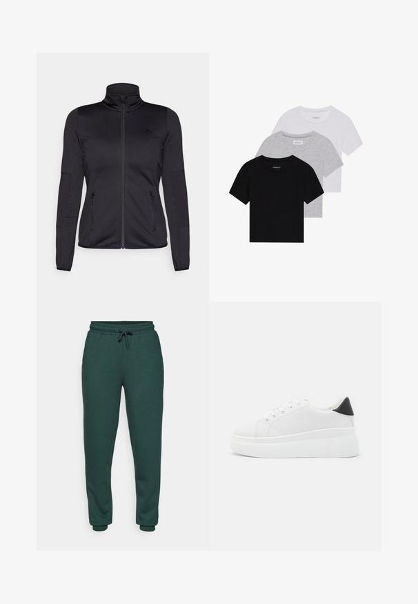 Crna jakna s patentnim zatvaračem i visokim ovratnikom, napravljena od glatkog, rastezljivog materijala, s dva prednja džepa na patentni zatvarač i teksturiranim rukavima.; Set od tri majice kratkih rukava u crnoj, sivoj i bijeloj boji. Izrađene od pamuka, s okruglim izrezom i jednostavnim, jednobojnim dizajnom.; Zelene trenirke izrađene od mekog, teksturiranog materijala. Imaju elastičnu traku oko struka sa pertlom, sužene nogavice i prilagođene manžete na gležnjevima.; Bijele platforme tenisice napravljene od glatkog sintetičkog materijala, s okruglim vrhom, dizajnom s vezanjem i teksturiranom gumenom potplatom. Crni detalj na peti.