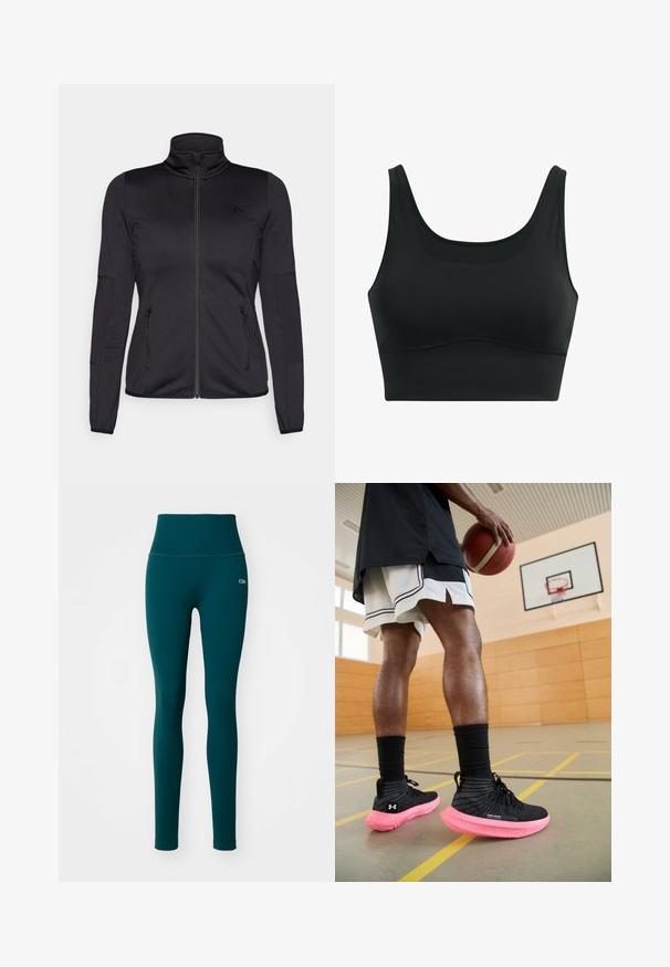 Veste noire zippée avec un col haut, fabriquée à partir d'un tissu lisse et extensible, dotée de deux poches avant zippées et de manches texturées.; Soutien-gorge de sport noir en tissu lisse, avec un col rond, des larges bretelles et un design sans coutures avec un ourlet incurvé.; Leggings taille haute de couleur bleu-vert en tissu côtelé. Dotés d'une texture lisse et d'un petit logo sur la hanche gauche. Sans motifs ni embellissements.; Des chaussures de sport noires avec une tige texturée et une semelle intermédiaire rose vif ; portées avec des chaussettes noires mi-mollet et un short blanc dans un cadre de gym.