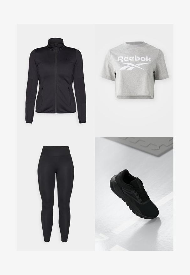Fekete cipzáras dzseki magas gallérral, sima, rugalmas anyagból készült, elöl két cipzáras zsebbel és texturált ujakkal.; Szürke, pamutból készült cropped póló, kerek nyakkivágással és rövid ujjakkal, elöl fehér "Reebok" felirattal és logóval nyomtatva.; Fekete leggings rugalmas anyagból, magas derékkal, keskeny lábszárral és mandzsettás szegéllyel, sima, matt felülettel.; Fekete sportcipő, hálós felsőrésszel, kerek orral, párnázott talppal és textúrázott díszítésekkel, sima fehér felületen elhelyezve.