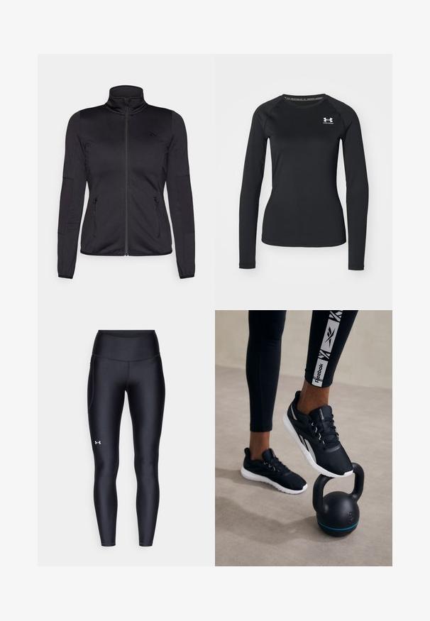 Sort zip-jakke med høj krave, fremstillet af glat, strækbart stof, med to lynlåslommer foran og strukturerede ærmer.; Sort langærmet atletisk skjorte lavet af glat stof, med rund halsudskæring og et lille hvidt logo på venstre bryst.; Sorte leggings lavet af glat, strækbart materiale med høj talje. Har et hvidt logo på venstre lår og en tætsiddende design.; Svarte atletiske sko med en tekstureret overdel, hvid sål og grå accenter, placeret på en sort kettlebell med en blå stribe, mod en neutral baggrund.
