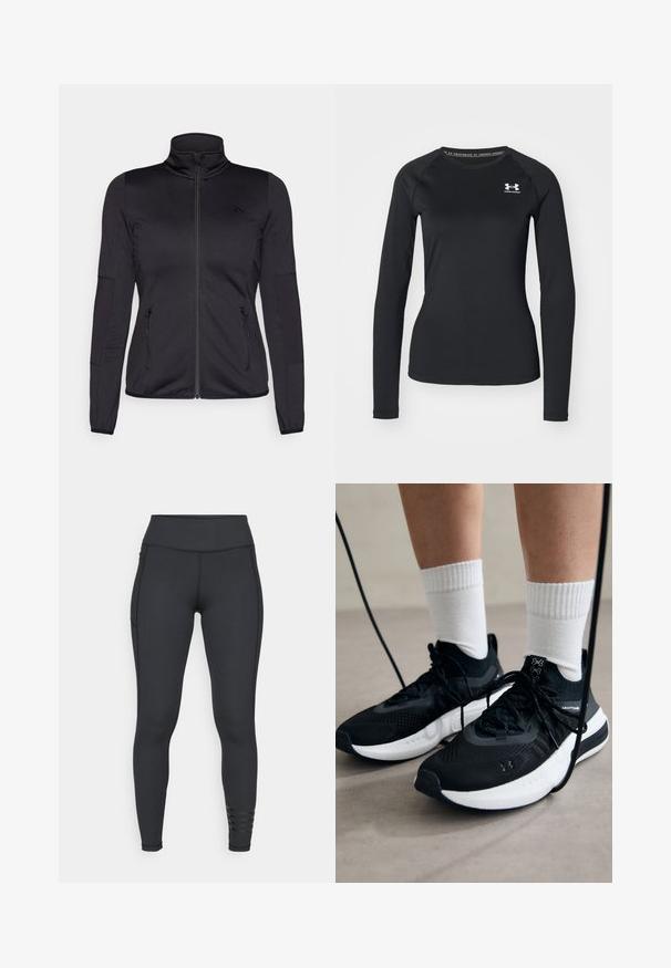 Giacca zip-up nera con colletto alto, realizzata in un tessuto liscio e elasticizzato, dotata di due tasche frontali con zip e maniche strutturate.; Maglietta sportiva nera a maniche lunghe realizzata in tessuto liscio, con scollatura tonda e un piccolo logo bianco sul lato sinistro del petto.; Leggings neri realizzati in materiale elasticizzato, con una vita alta, un design elegante e dettagli a strisce vicino alla caviglia.; Scarpe sportive nere con tessuto testurizzato, suola bianca e lacci neri. Indossate con calzini bianchi a costine, in piedi su una superficie chiara.