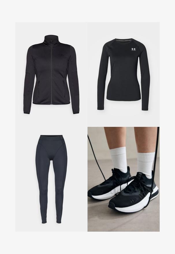 Must ehk üles tõmmatav jakk, millel on kõrge krae, valmistatud siledast ja venivast kangast, millel on kaks lukuga esikotid ja tekstureeritud varrukad.; Must lâuhi keskmise käisteta sportlik särk, mis on valmistatud siledast kangast, ümmarguse kaelusega ning väikese valge logoga vasakul rinnal.; Kõrgema taljejoonega mustad retuusid, mis on valmistatud venivast kangast, sujuvate külgede ja mugava ning liikuvuse toetava lõikega.; Mustad mustad jalanõud tekstuuritud kangast, valge tallaga ja mustade paeltega. Kanna valgete soonikkudega sokkide sisse, seistes helesinisel pinnal.