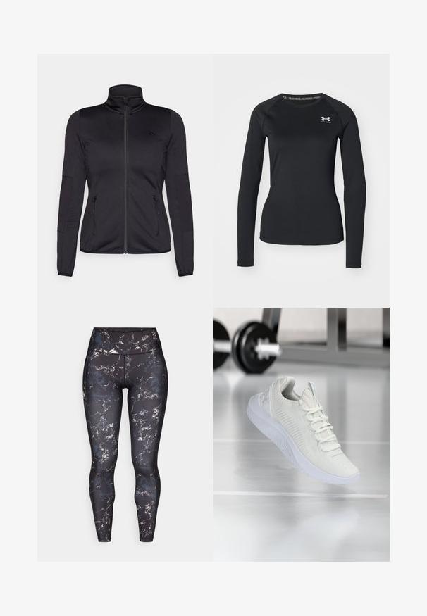 Veste noire zippée avec un col haut, fabriquée à partir d'un tissu lisse et extensible, dotée de deux poches avant zippées et de manches texturées.; T-shirt de sport noir à manches longues en tissu lisse, avec un col rond et un petit logo blanc sur la poitrine gauche.; Leggings taille haute en noir avec un motif marbré dans des couleurs douces. Matière lisse et extensible avec des coutures contrastantes et sans matériel visible.; Sneaker de sport blanche avec une tige en maille texturée et un système de laçage, dotée d'une semelle blanche rembourrée et de subtiles accents striés.