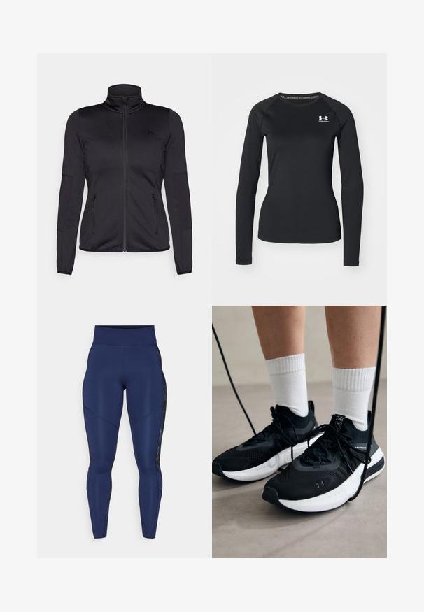 Fekete cipzáras dzseki magas gallérral, sima, rugalmas anyagból készült, elöl két cipzáras zsebbel és texturált ujakkal.; Fekete, hosszú ujjú sportpóló sima anyagból, kerek nyakkivágással és egy kis fehér logóval a bal mellrészen.; Sötétkék leggings magas derékkal, sima, texturált panelek a szélén és diszkrét varrási részletek az illeszkedő megjelenésért.; Fekete sportcipők textúrált anyagból, fehér talppal és fekete fűzőkkel. Fehér bordázott zoknikkal viselve, világos felületen állva.