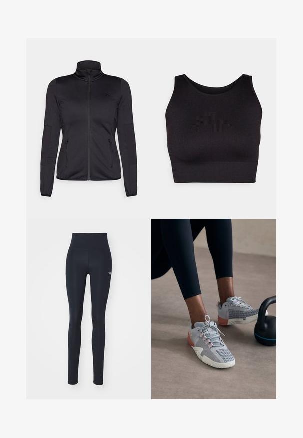 Juoda zip-up striukė su aukštu apykakle, pagaminta iš lygaus, elastingo audinio, turinti dvi užtrauktukais uždaromas priekinės kišenes ir tekstūruotas rankoves.; Juodas ribotas trumpas viršus su aukštu kaklu ir plačiomis rankovėmis, pagamintas iš minkštos, elastingos medžiagos patogumui ir be siūlių dizaino.; Juodos sportinės kelnės iš elastingos medžiagos, turinčios aukštą liemenį, šonines kišenes ir mažą logotipą ant apatinės kojos.; Pilki sportiniai bateliai su rožiniais akcentais, tekstūruota tinklelio viršutinė dalis, su raišteliais, ir balta guma, poruojami su juodomis leginsais ir kettlebellu.