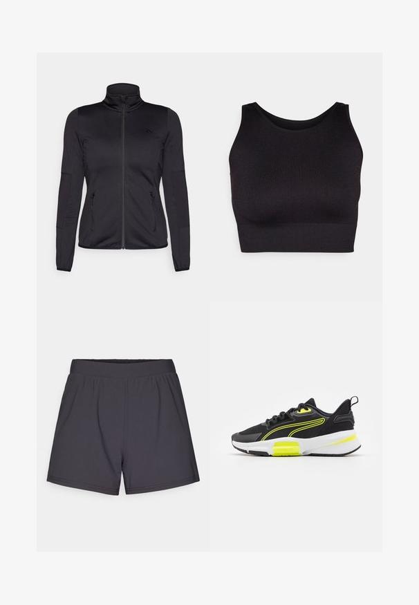 Black zip-up jacket with a high collar, constructed from smooth, stretchy fabric, featuring two zippered front pockets and textured sleeves.; Black ribbed crop top with a high neckline and wide armholes, featuring a soft, stretchy fabric for comfort and a seamless design.; Black athletic shorts made of lightweight, stretchy fabric. Features an elastic waistband and a simple, unembellished design.; Black athletic sneakers with mesh upper, yellow accents, and white midsole. Features a smooth design and rubber outsole for traction.