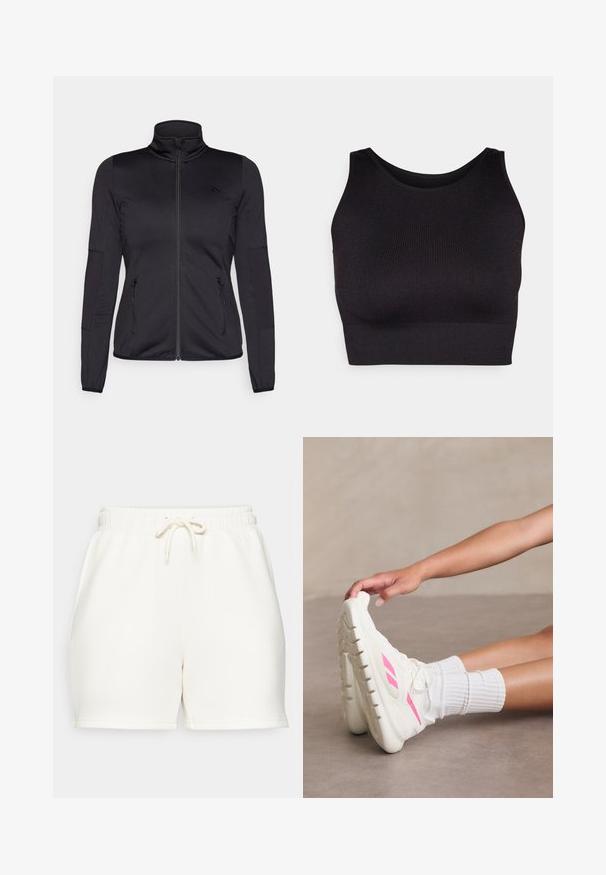 Must ehk üles tõmmatav jakk, millel on kõrge krae, valmistatud siledast ja venivast kangast, millel on kaks lukuga esikotid ja tekstureeritud varrukad.; must have ribidega crop-top kõrge kaelusega ja laia käeaukudega, pehme ja veniv kangas mugavuseks ning sujuv disain.; Kreemjas värvi lühikesed püksid pehmest kangast, elastse vöökoha ja paelaga, lõdva istuvusega. Nähtavaid taskuid ei ole.; Valged sportlikud kingad tekstuurse tallaga ja roosa aktsentidega, koos valgete lühikeste sokkidega. Käsi puudutab õrnalt kinga varvast.