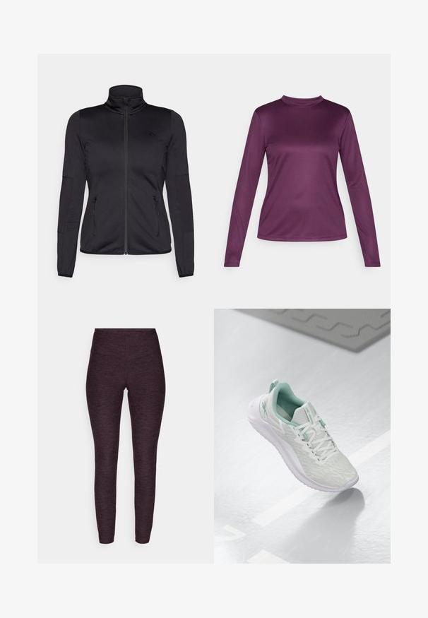 Svart zip-up jacka med hög krage, tillverkad av mjukt, stretchigt tyg, med två fickor framtill som stängs med dragkedja och texturerade ärmar.; Tröja med lång ärm i mjukt, elastiskt lila tyg med design i mock-neck, har en figursydd siluett och släta sömmar.; Leggings i en mörklila melerat tyg, med hög midja och en åtsittande design, med en mjuk och stretchig textur.; Ljust grå sportskor med en texturerad stickad ovandel, mintgröna detaljer, vita snören, gummisula och en dragflik på hälen.