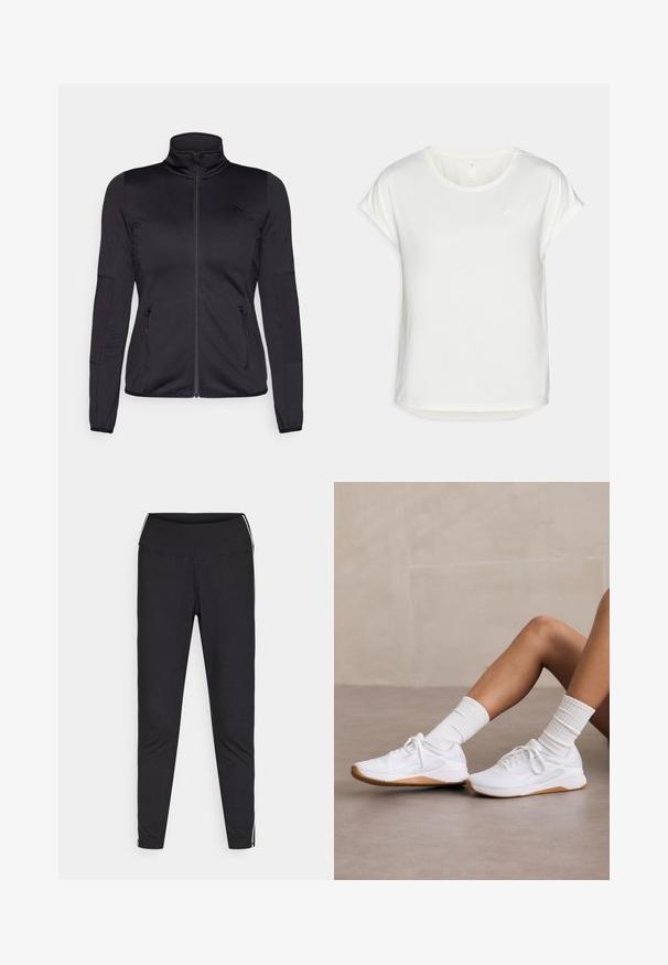 Black zip-up jacket with a high collar, constructed from smooth, stretchy fabric, featuring two zippered front pockets and textured sleeves.; White short-sleeve t-shirt with a round neckline, made of smooth fabric. Features rolled sleeves and a subtle logo detail on the chest.; Black leggings made of stretchy fabric. High waistband, tapered fit, features white side stripes along the outer seams. Smooth texture.; White athletic shoes with a textured upper, featuring a gum rubber sole, paired with ribbed white socks. Simple lace-up design.