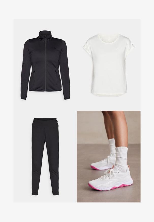 Svart zip-up jakke med høy krage, laget av glatt, elastisk stoff, med to glidelås-lommer foran og teksturerte ermer.; Hvit kortermet t-skjorte med rund hals, laget av glatt stoff. Har rullede ermer og en subtil logo detalj på brystet.; Sorte leggings laget av elastisk stoff. Høy midje, tettsittende passform, med hvite side-striper langs de ytre sømmene. Glatt tekstur.; Hvite sportssko med rosa detaljer, pustende mesh-overdel, teksturert såle og runde lisser, kombinert med hvite ribbestrikkede sokker.