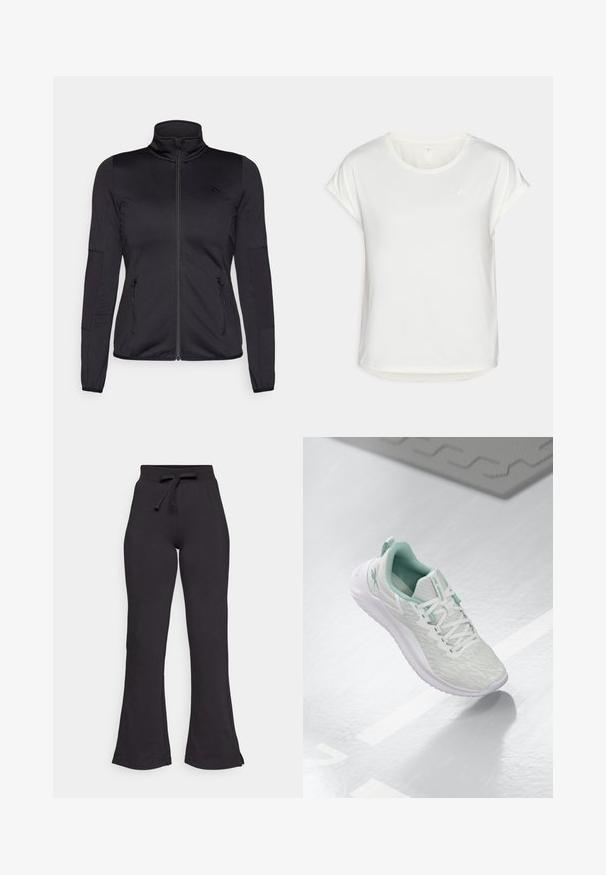 Čierna zipsová bunda s vysokým golierom, vyrobená z hladkého, elastického materiálu, so zipsovými prednými vreckami a štruktúrovanými rukávmi.; Biele tričko s krátkym rukávom a okrúhlym výstrihom, vyrobené z hladkej látky. Má zvlnene rukávy a jemný detail loga na hrudi.; Čierne rozšírené tepláky vyrobené z mäkkej látky, s opaskom na šnúrku a hladkou textúrou. Navrhnuté pre pohodlie a jednoduché nosenie.; Svetlošedé športové topánky s štruktúrovaným pleteným zvrškom, mätozelenými akcentmi, bielymi šnúrkami, gumovou podrážkou a pútkom na päte.
