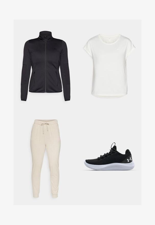 Must ehk üles tõmmatav jakk, millel on kõrge krae, valmistatud siledast ja venivast kangast, millel on kaks lukuga esikotid ja tekstureeritud varrukad.; Valge lühikeste varrukate ja ümmarguse kaelusega t-särk, valmistatud siledast kangast. Omab kerget volti varrukatel ja peent logo detaili rinnal.; Beesidist kangad, pehmest kangast, millel on elastne vöökoht ja ketsid ning ribikätendused. Küljel väike roosa logo detail.; Mustad mustren pruunid sportlikud kingad, millel on hingav võrgust pealis, tekstuuriga detailid ja valgest kummist talla. Omavad lapikuid paelu ja kandmismehhanismi.