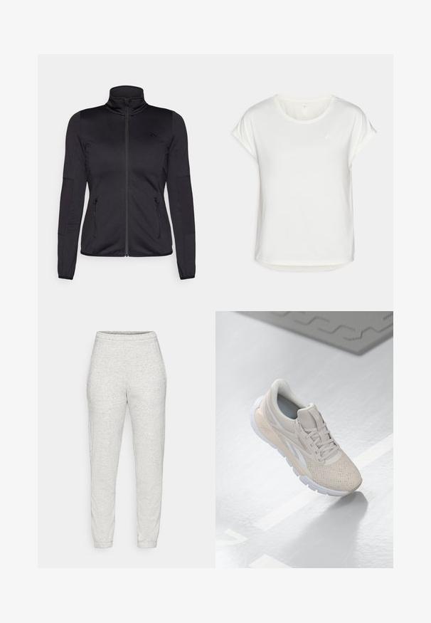 Juoda zip-up striukė su aukštu apykakle, pagaminta iš lygaus, elastingo audinio, turinti dvi užtrauktukais uždaromas priekinės kišenes ir tekstūruotas rankoves.; Balta trumpa rankovėmis marškinėliai su apvalia iškirpte, pagaminti iš lygaus audinio. Savybės: susuktos rankovės ir subtilus logotipo detalė ant krūtinės.; Šviesiai pilki sportiniai džinsai iš minkštos, tekstūruotos medžiagos. Turi elastingą juosmenį ir siaurėjančius kulkšnis. Paprastas dizainas be kišenių ar raštų.; Šviesiai smėliniai sportiniai batai su perforuotu viršumi, tekstūruotomis detalėmis, paminkštintu apvadu ir balta guma, sukurti komfortui ir kvėpuojamumui.