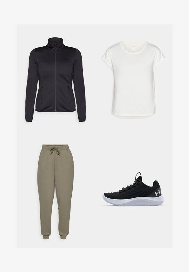 Black zip-up jacket with a high collar, constructed from smooth, stretchy fabric, featuring two zippered front pockets and textured sleeves.; White short-sleeve t-shirt with a round neckline, made of smooth fabric. Features rolled sleeves and a subtle logo detail on the chest.; ONLY Play ONPLOUNGE LIFE REG NOOS - Tracksuit bottoms - kalamata; Black athletic shoes with a breathable mesh upper, textured detailing, and a white rubber sole. Features flat laces and a heel pull tab.