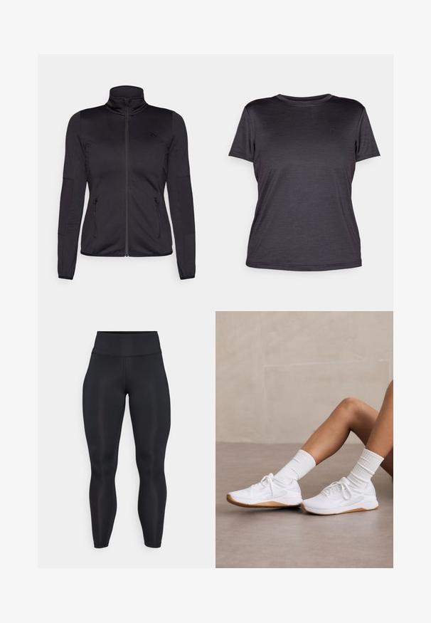 Schwarze Zip-Jacke mit hohem Kragen, gefertigt aus glattem, dehnbarem Material, mit zwei vorderen Reißverschlusstaschen und strukturierten Ärmeln.; Graues Kurzarm-T-Shirt aus leichtem Stoff, mit Rundhalsausschnitt, glatter Textur und dezentem Logo auf der Brust.; Schwarze hochtaillierte, knöchellange Leggings aus glattem Stoff mit sichtbaren Nahtdetails an der Vorderseite und dem Bund.; Weiße Sportschuhe mit strukturiertem Obermaterial, ausgestattet mit einer Sohle aus Gummi, kombiniert mit gerippten weißen Socken. Einfaches Schnürdesign.