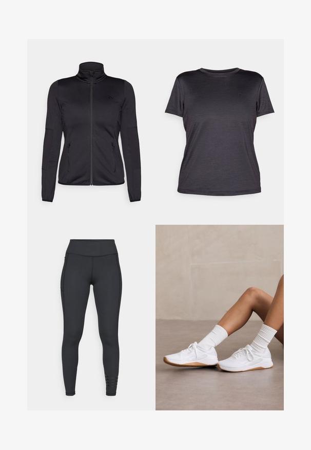 Svart zip-up jakke med høy krage, laget av glatt, elastisk stoff, med to glidelås-lommer foran og teksturerte ermer.; Grå kortermet t-skjorte laget av lett stoff, med rund hals, glatt tekstur og en subtil logo på brystet.; Sorte leggings laget av elastisk materiale, med høy midjebånd, strømlinjeformet design og stripete detaljer nær ankelen.; Hvite sportssko med strukturert overdel, utstyrt med gummisåle, kombinert med ribbestrikkede hvite sokker. En enkel snøringsdesign.