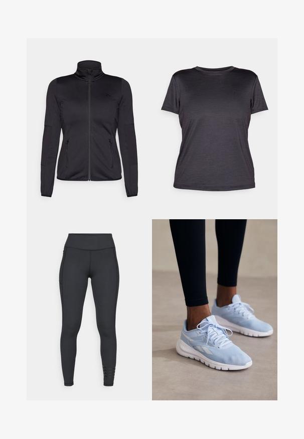 Černá bunda na zip s vysokým límcem, vyrobená z hladkého, elastického materiálu, se dvěma předními kapsami na zip a texturovanými rukávy.; Šedé tričko s krátkým rukávem vyrobené z lehkého materiálu, s kulatým výstřihem, hladkou texturou a jemným logem na hrudi.; Černé legíny vyrobené z elastického materiálu, s vysokým pasem, elegantním designem a pruhovanými akcenty poblíž kotníků.; Světlomodré sportovní tenisky s prodyšnou tkaninou, polstrovaným límcem a bílou podešví. Obsahují tkaničky a boční pruhy v kontrastní bílé barvě.