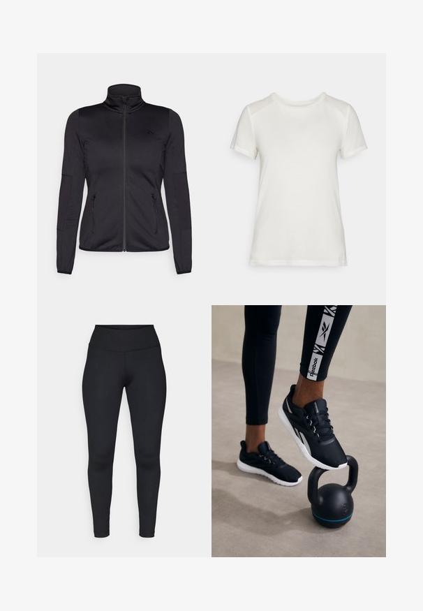 Black zip-up jacket with a high collar, constructed from smooth, stretchy fabric, featuring two zippered front pockets and textured sleeves.; White short-sleeve t-shirt made of soft fabric, featuring a round neckline and a relaxed fit with smooth, seamless shoulder accents.; Black leggings made of stretchy fabric, featuring a high waist, smooth texture, and clean seams with no visible patterns or hardware.; Black athletic shoes with a textured upper, white sole, and gray accents, positioned on a black kettlebell with a blue stripe, against a neutral background.