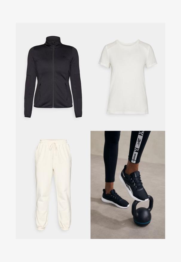 Jachetă neagră cu fermoar, cu guler înalt, confecționată dintr-un material neted și elastic, având două buzunare frontale cu fermoar și mâneci texturate.; Tricou alb cu mânecă scurtă, confecționat dintr-un material moale, având un guler rotund și o croială lejeră, cu accente pentru umeri netede și fără cusături.; Pantaloni de trening de culoare crem, dintr-un material moale, cu talie elastică și șnur, buzunare laterale și mansete înguste la glezne.; Pantofi sport negri cu un superior texturat, talpă albă și accente gri, amplasați pe o greutate neagră cu o dungă albastră, pe un fundal neutru.