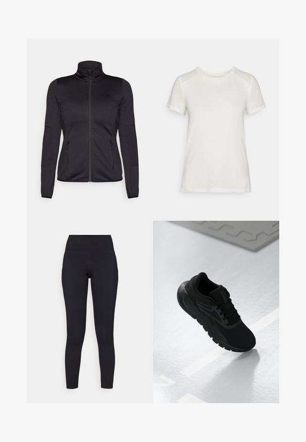 Czarna kurtka na zamek z wysokim kołnierzem, wykonana z gładkiego, elastycznego materiału, posiadająca dwie kieszenie z przodu na zamek oraz fakturowane rękawy.; Biała koszulka z krótkim rękawem, wykonana z miękkiej tkaniny, z okrągłym dekoltem i luźnym krojem, z gładkimi, bezszwami akcentami na ramionach.; Czarne legginsy z wysokim stanem wykonane z elastycznego materiału, charakteryzujące się gładką teksturą i dopasowanym krojem, sięgającym do kostek.; Czarny but sportowy z siateczkową cholewką, okrągłym noskiem, amortyzowaną podeszwą i teksturowanymi akcentami, umieszczony na gładkiej białej powierzchni.