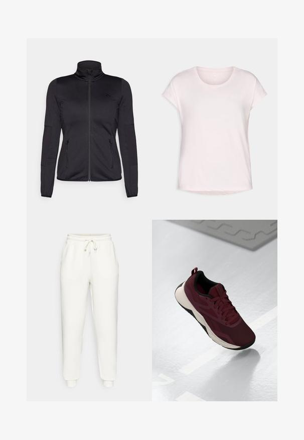 Jachetă neagră cu fermoar, cu guler înalt, confecționată dintr-un material neted și elastic, având două buzunare frontale cu fermoar și mâneci texturate.; Tricou scurt din bumbac, roz deschis, cu mâneci scurte și guler rotund, dintr-un material moale și cu o margine ușor curbă. Prezintă un logo discret pe piept.; Pantaloni de trening albi, dintr-un material moale, cu un brâu elastic și șnur, buzunare laterale și manșete tapered la glezne.; Shoe sportiv maron cu parte superioară din plasă, accente negre și o talpă albă cu amortizare. Prezintă închidere cu șireturi și un manșon la călcâi.