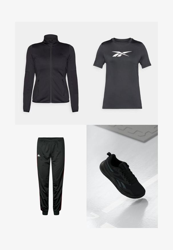 Crna jakna s patentnim zatvaračem i visokim ovratnikom, napravljena od glatkog, rastezljivog materijala, s dva prednja džepa na patentni zatvarač i teksturiranim rukavima.; Crna majica kratkih rukava od glatkog materijala s bijelim logom na prsima. Okrugli izrez i regularan kroj.; Crne atletske hlače s crvenim bočnim prugama, elastičnim pojasom, sužavajućim nogavicama, izrađene od glatkog, laganog materijala. Imaju logo sprijeda.; Crna atletska cipela s mrežastim gornjim dijelom, s teksturiranim akcentima i ravnim oblikom đona. Uključuje tonirane oznake i petnu traku.