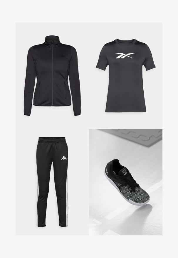 Černá bunda na zip s vysokým límcem, vyrobená z hladkého, elastického materiálu, se dvěma předními kapsami na zip a texturovanými rukávy.; černé tričko s krátkým rukávem vyrobené z hladké tkaniny, které má bílé logo na hrudi. Kulatý výstřih a klasický střih.; Černé sportovní kalhoty s bílými bočními pruhy, elastickým pasem a malým bílým logem na levém bocích. Hladká textura, přiléhavý střih.; Černá sportovní obuv s texturovaným, vzorovaným síťovaným svrškem, černými tkaničkami a bílou podrážkou. Obsahuje logo Reebok na jazyku a boku.