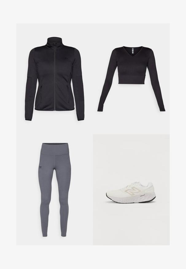 Melns zip-up jakas ar augstu apkakli, izgatavota no gludas, elastīgas auduma, ar divām kabatām priekšpusē ar rāvējslēdzējiem un teksturētām piedurknēm.; Melnas garas piedurknes īsās blūzes ar V veida kakla izgriezumu, izgatavota no gludas auduma, ar ribotu apakšmalu un pieguļošu dizainu.; Pelēki sporta legingi, kas izgatavoti no gludas, elastīgas materiāla. Augsts jostasvieta un pieguļošas kājas. Melns logo kreisajā gurnā. Nav redzamu šuvju.; Baltas sporta apavs ar sietiņveida augšdaļu, mīkstu apkakli un biezu, teksturētu zoli. Iekļauj gaismas pelēka akcenta elementus un "New Balance" logo sānos.