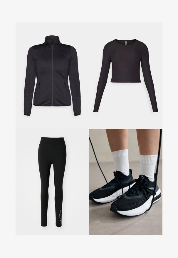Černá bunda na zip s vysokým límcem, vyrobená z hladkého, elastického materiálu, se dvěma předními kapsami na zip a texturovanými rukávy.; Černý krátký top s dlouhým rukávem vyrobený z proužkované tkaniny. Má kulatý výstřih a přiléhavý střih s texturovaným povrchem.; Černé legíny vyrobené z elastické látky. Vysoký pas s hladkým povrchem. Na dolní části nohavic je bílý nápis "ATHELEISURE."; Černé sportovní boty s texturovanou tkaninou, bílou podrážkou a černými tkaničkami. Nosené s bílými žebrovanými ponožkami, stojící na světlém povrchu.
