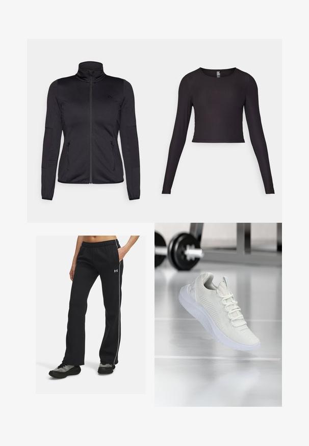 Sort zip-jakke med høj krave, fremstillet af glat, strækbart stof, med to lynlåslommer foran og strukturerede ærmer.; Sort langærmet cropped top lavet af ribbet stof. Har en rund halsudskæring og tætsiddende silhuet med tekstureret overflade.; Sorte træningsbukser med elastisk talje, hvide side-striber og blødt stof. Kombinationen er med mørke, mønstrede sneakers.; Hvide atletiske sneakers med et tekstureret mesh-overdel og snøresystem, med en polstret hvid sål og subtile ribbede detaljer.