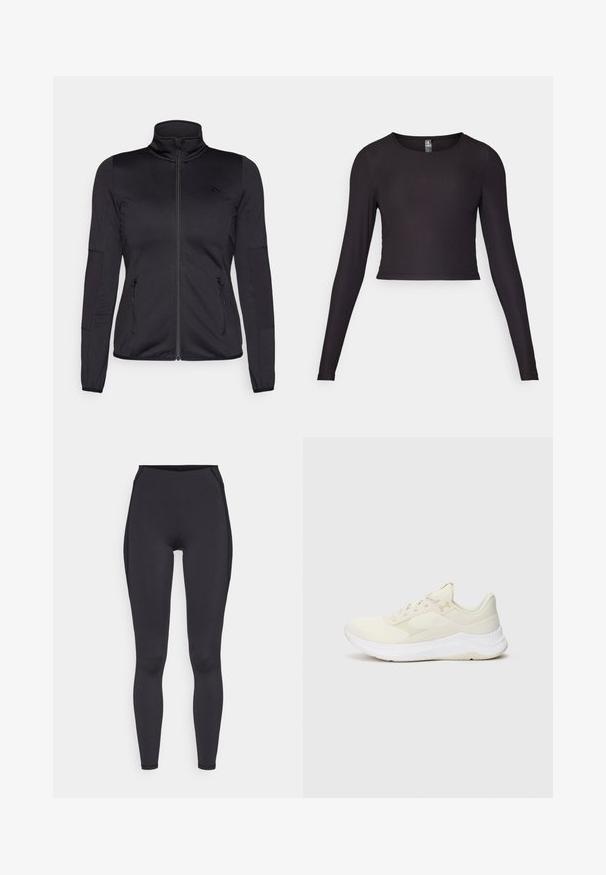 Zwarte zip-up jas met hoge kraag, gemaakt van een gladde, rekbare stof, met twee met rits gesloten voorzakken en gestructureerde mouwen.; Zwart cropped top met lange mouwen, gemaakt van ribbelstof. Heeft een ronde halslijn en een getailleerde pasvorm met een gestructureerd oppervlak.; Zwarte high-waisted leggings gemaakt van rekbaar materiaal. Kenmerken zijn een gladde textuur, slim fit en subtiele stiksels langs de zijkanten.; Lichtgekleurde sport schoenen gemaakt van mesh en synthetische materialen, met een gestructureerde bovenkant, een gevoerde zool en subtiele branding.