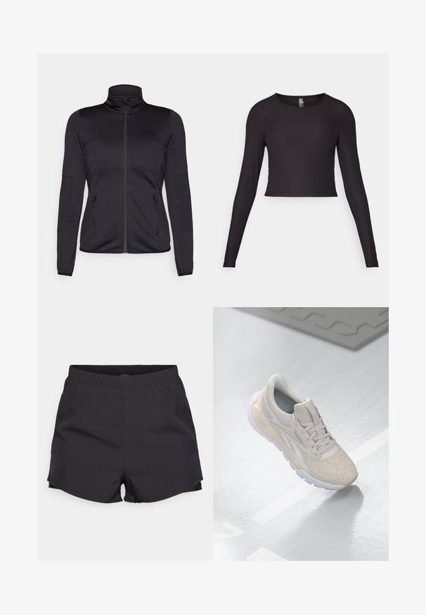 Melns zip-up jakas ar augstu apkakli, izgatavota no gludas, elastīgas auduma, ar divām kabatām priekšpusē ar rāvējslēdzējiem un teksturētām piedurknēm.; Melnā garumās piedurknes īsajā augšpusē, kas izgatavota no ribota auduma. Iezīmē apaļu dekoltē un pieguļošu siluetu ar strukturētu virsmu.; ONLY Play ONPSPACE LIFE LOOSE SHORTS - Sporta šorti - black/pumice stone; Gai bēša sporta apavi ar caurumiņiem augšdaļā, teksturētiem akcentiem, mīkstu apkakli un baltu gumijas zoli, kas paredzēti komfortam un gaisa caurlaidībai.