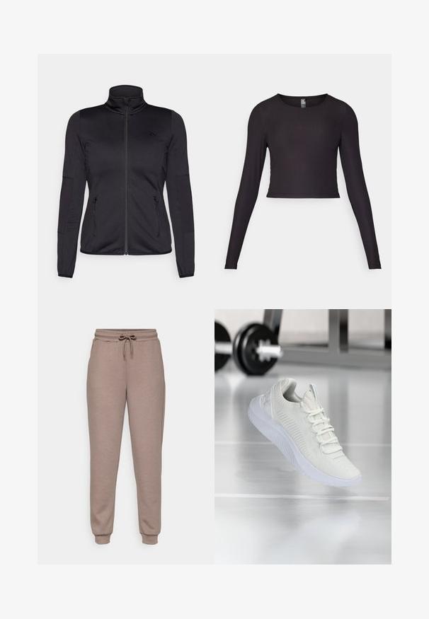 Schwarze Zip-Jacke mit hohem Kragen, gefertigt aus glattem, dehnbarem Material, mit zwei vorderen Reißverschlusstaschen und strukturierten Ärmeln.; Schwarzes, langärmliges, cropped Oberteil aus Rippstoff. Mit rundem Ausschnitt und figurbetonter Silhouette mit strukturierten Oberflächen.; ONLY Play ONPLOUNGE LIFE REG NOOS - Jogginghose - brown; Weißer Sportschuh aus strukturiertem Mesh-Obermaterial und Schnürsystem, mit einer gepolsterten weißen Sohle und dezenten gerippten Akzenten.
