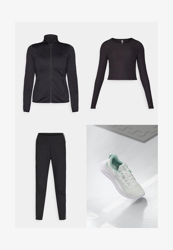 Juoda zip-up striukė su aukštu apykakle, pagaminta iš lygaus, elastingo audinio, turinti dvi užtrauktukais uždaromas priekinės kišenes ir tekstūruotas rankoves.; Juodas ilgas rankovėmis trumpas viršus, pagamintas iš pluoštelio medžiagos. Turi apvalią iškirptę ir prigludusią siluetą su tekstūruota paviršiumi.; Juodos tamprės pagamintos iš elastingos medžiagos. Aukštas juosmuo, siaurėjantis fasonas, turi baltus šoninius raštus palei išorinius siūlus. Lygus paviršius.; Šviesiai pilni sportiniai bateliai su tekstūruota mezgimo viršutine dalimi, mėtų žalumo akcentais, baltais raišteliais, guminėmis padangomis ir kilpa kulne.