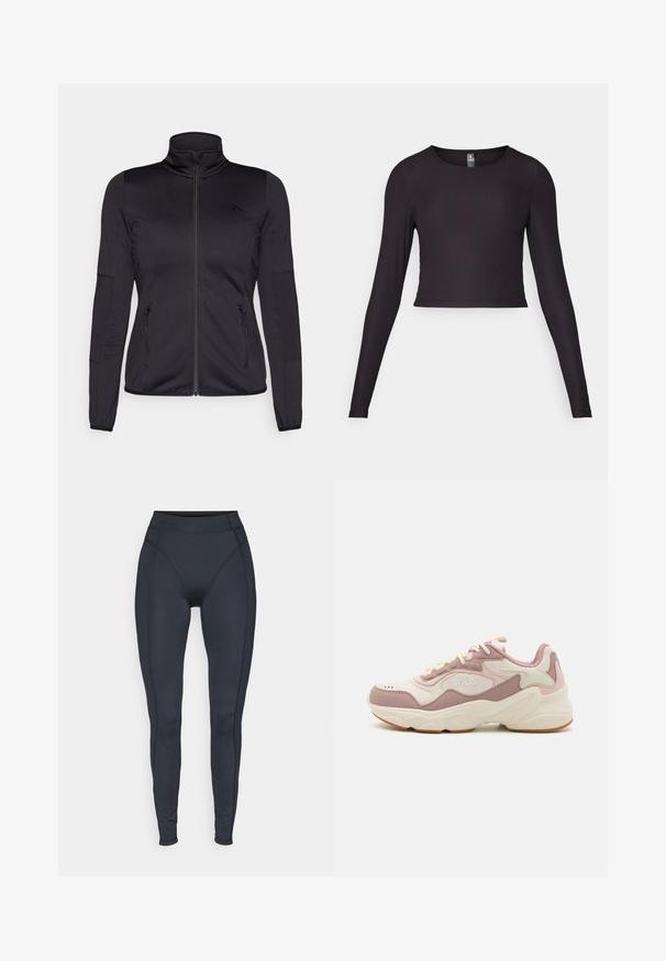 Svart zip-up jakke med høy krage, laget av glatt, elastisk stoff, med to glidelås-lommer foran og teksturerte ermer.; Svart langermet crop-top laget av ribbestrikket stoff. Har rund halslinning og tettsittende silhuett med teksturert overflate.; Høytlivs sorte leggings laget av elastisk stoff, med sømløse sider og tettsittende design for komfort og bevegelighet.; Rosa og kremfarget sneaker med overdel i mesh og gummi, med en teksturert såle, snøring og en fremtredende logo på siden.